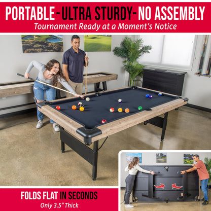 GoSports 7 ft Portable Pool Table - No Assembly Required Folding Billiard Table in Oak