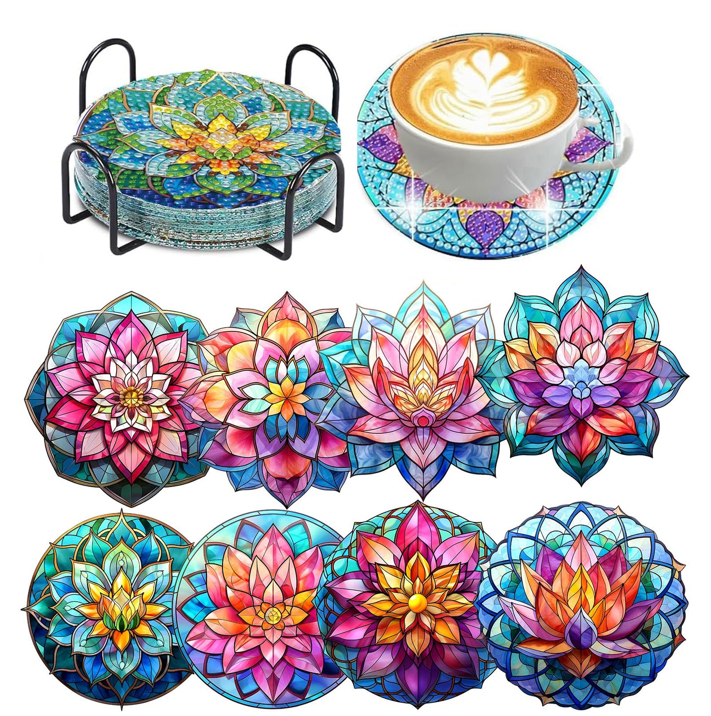 8 PCS Lotus Diamond Art Coasters Kits, Diamond Painting Coasters with Holder Set of 8, DIY Drink Coasters Art Crafts Supplies for Adults Cup Mat for Home Decor House Warming Gifts Non-Slip 3.9inch