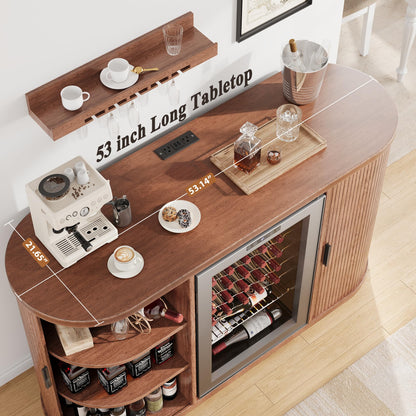 Jocoevol 53" Fluted Coffee Bar Cabinet with Sliding Doors, Wine Bar Cabinet with Charging Station & Glass Holder, Modern Liquor Whiskey Buffet Sideboard for Dining Room, Living Room, Kitchen (Walnut)
