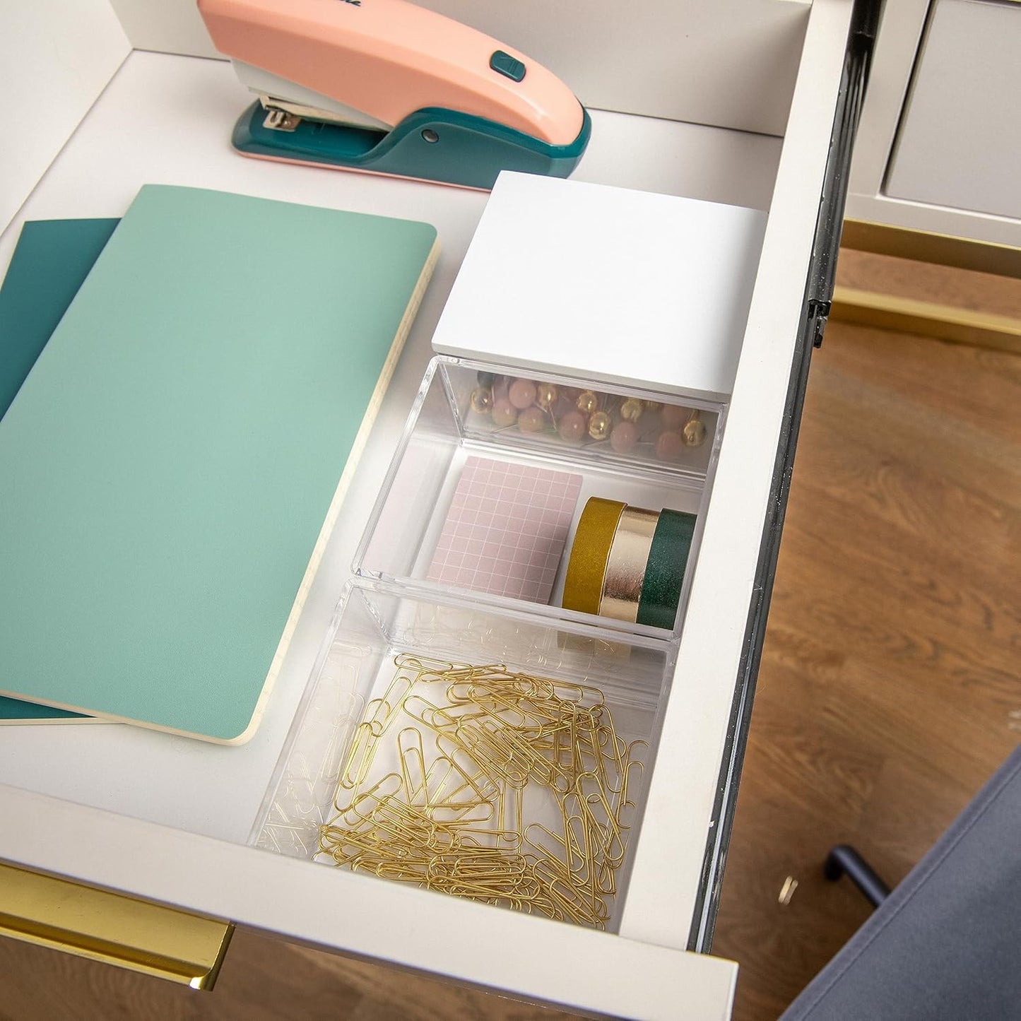 Martha Stewart Brody Plastic Storage Organizer Bins with Engineered Wood Lid, 3 Pack Small (3.75" x 3", Clear/White)