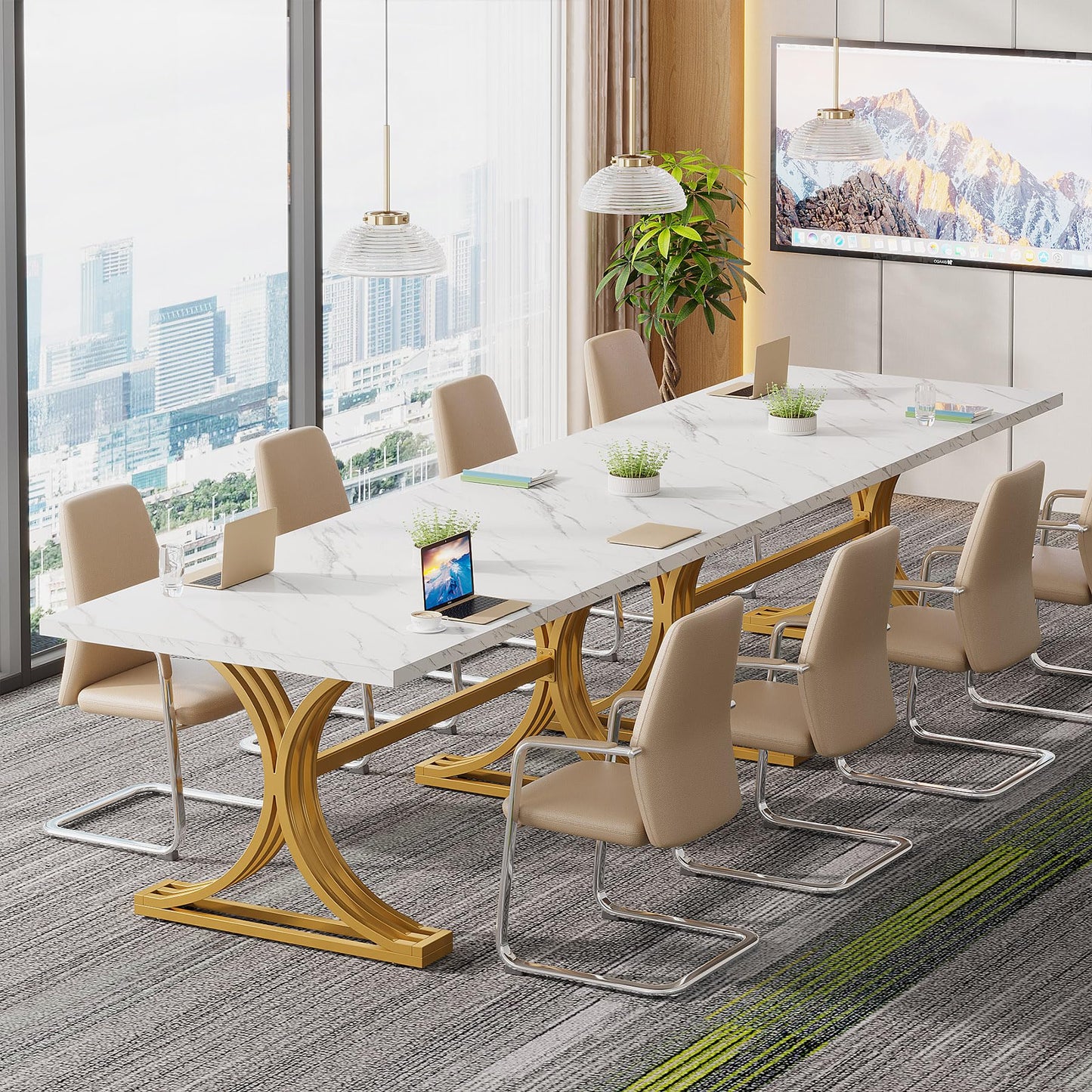 Tribesigns 10.5FT Conference Table, Modern Meeting Table for 8-10 People, Rectangle Seminar Boardroom Table for Office Conference Room with Stylish Legs (2, White + Gold)