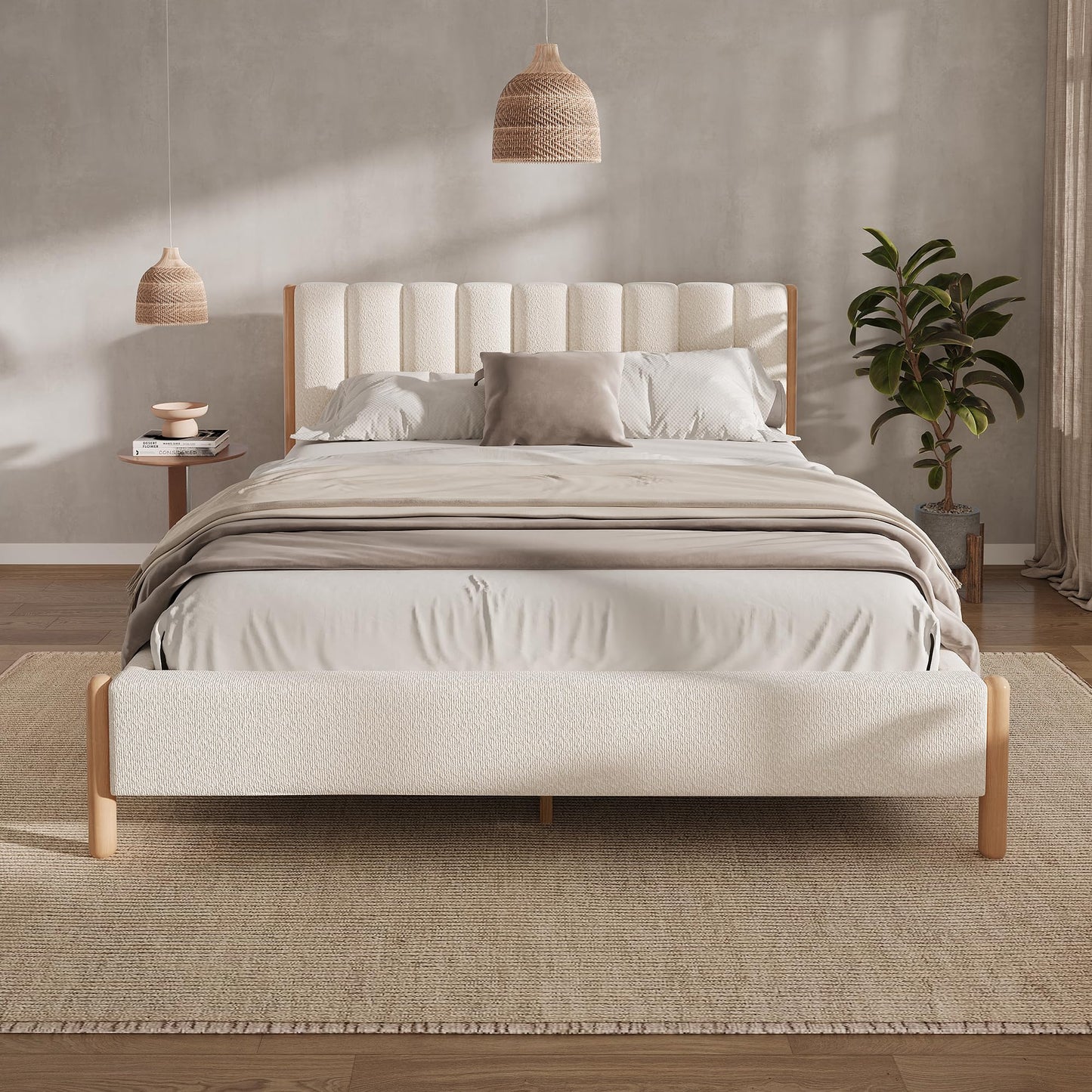 Ball & Cast Queen Size Bed Frame with Thick Boucle Upholstered Headboard, Solid Wood Legs, No Box Spring Needed Platform Bed, Underbed Storage Space,White