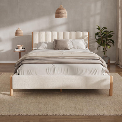 Ball & Cast Queen Size Bed Frame with Thick Boucle Upholstered Headboard, Solid Wood Legs, No Box Spring Needed Platform Bed, Underbed Storage Space,White