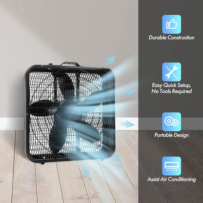 Comfort Zone 20 Inch Box Fan - 3 Speed Full-Force Air Circulation with Carry Handle, Ideal for Home