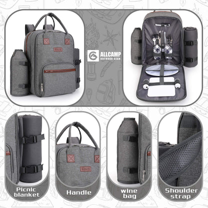 ALLCAMP Picnic Backpack - Insulated Cooler Bag with Compartment, Detachable Wine Glass Holder, Throw Blanket & Cutlery Set, 2 Person Picnic Set for Family Outings, Couple Gifts (Gray)