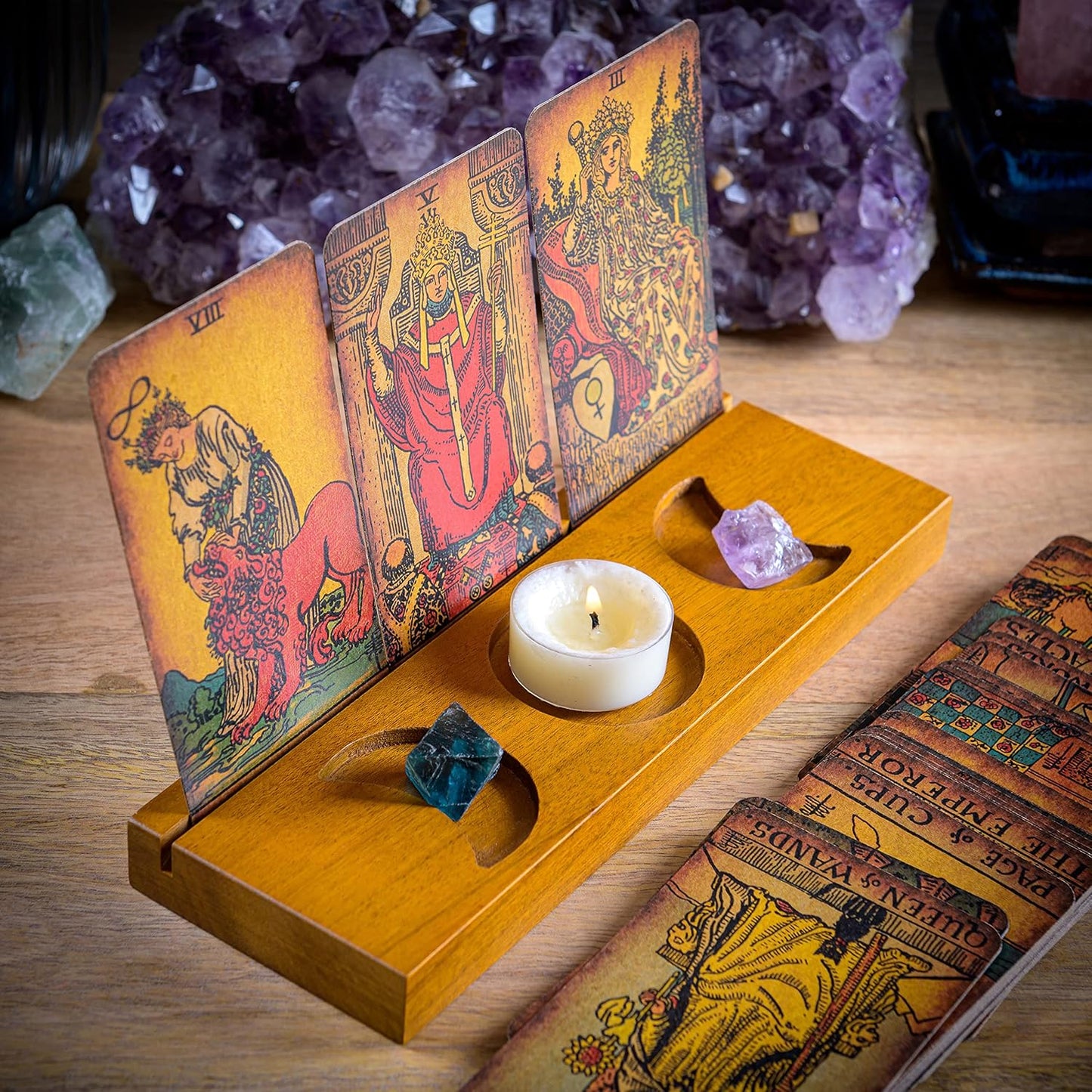 Curawood Tarot Card Holder Stand, 3-Card Stand with Etched Moon - Witchy Gifts for Women, Tarot Accessories