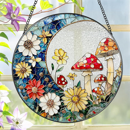 LAOWEIKI 8 Inch Mushroom Suncatcher, Stained Glass Mushrooms Home Decor, Stained Glass Window Hanging, Plant Lover