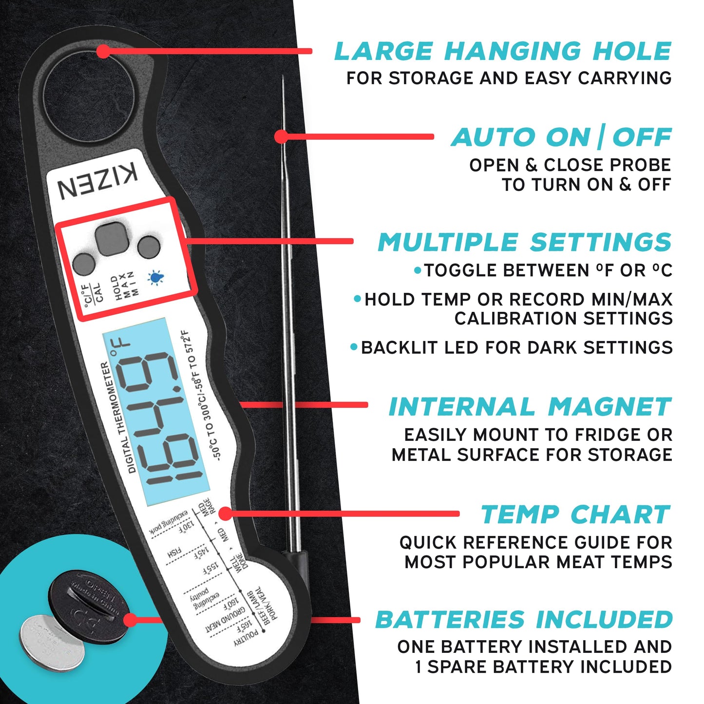 Kizen Instant Read Meat Thermometer Digital - Food Thermometer for Cooking, Grill, Oven, BBQ - Waterproof and Backlit Display - Kitchen Gadgets