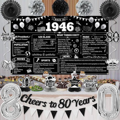 Holkcog 80th Birthday Decorations - Back In 1946 Poster & Banner Set with Balloons, Sash & Fans