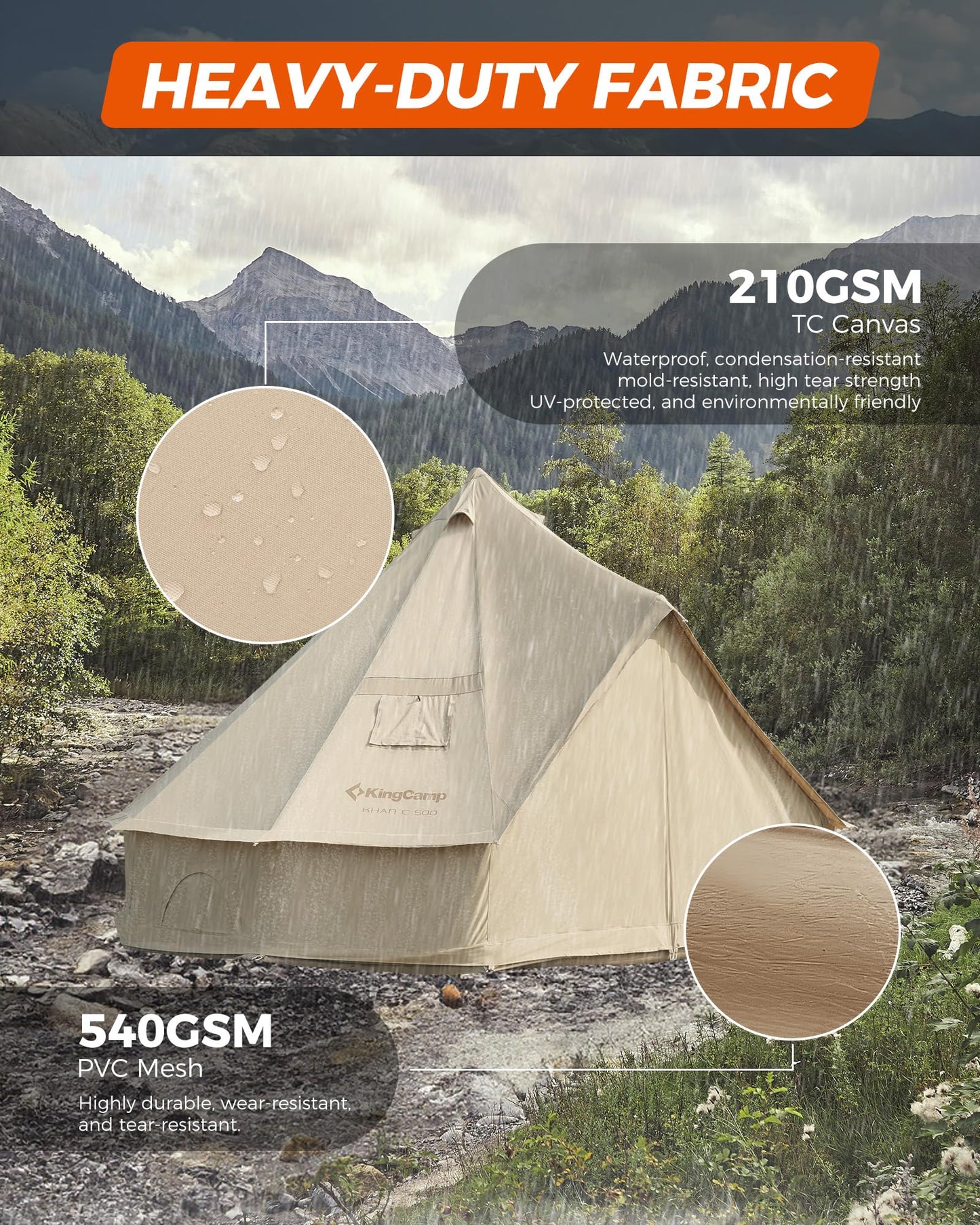 KingCamp Glamping Tent for 4 Seasons, 13.2ft/16.4ft Large Waterproof & Windproof Luxury Bell Yurt Tent w/Stove Jack, Spacious for Family Camping Hunting Parties