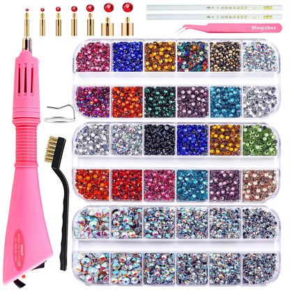 blinginbox Hotfix Applicator DIY Crafts Hot Fix Rhinestone Setter Hot Fixed Wand Kit 6000 Pcs Gems Picker Brush Bag Various Tips Bedazzler Kit with Crystal Bedazzling Set Heat Gun for Crafts