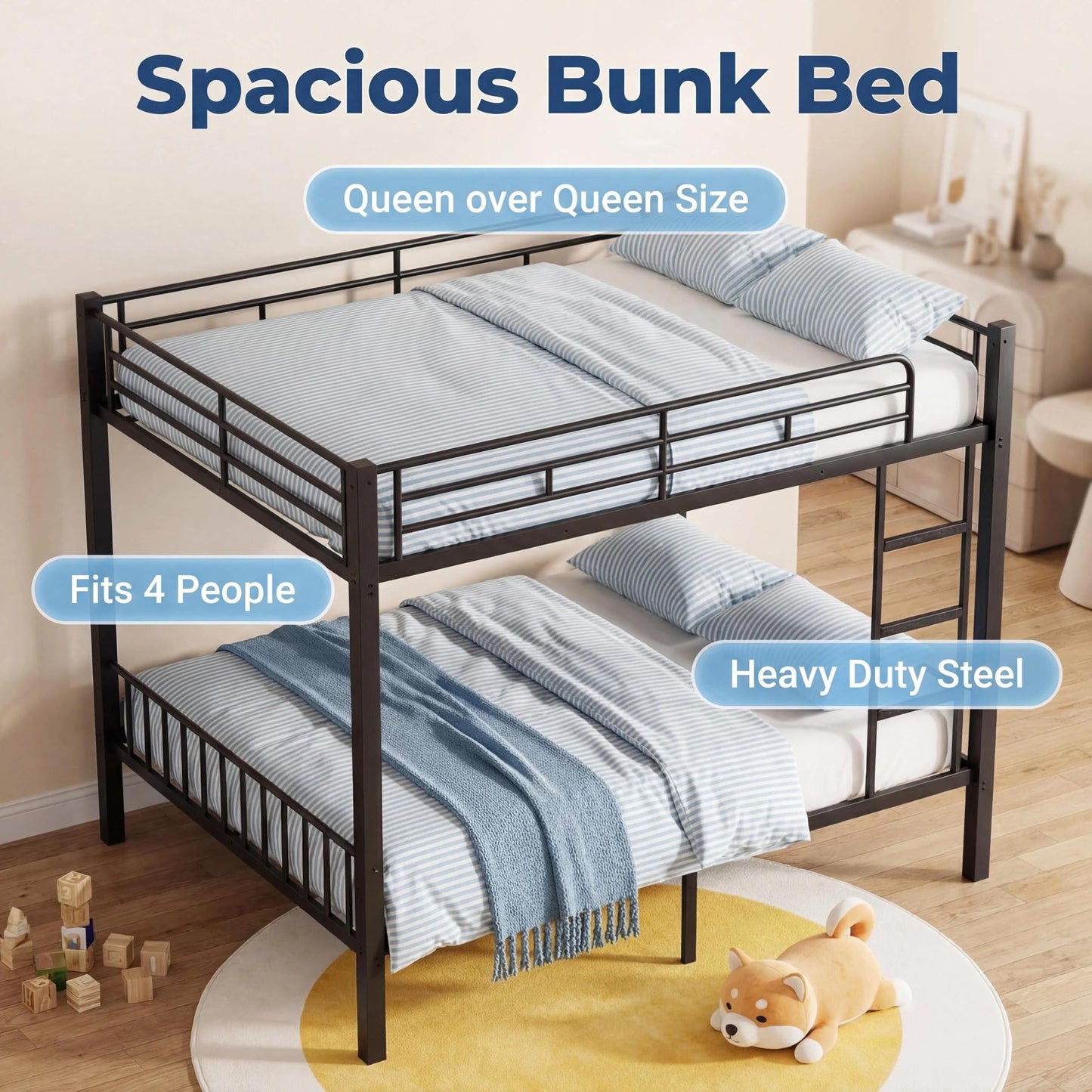 Feetice Queen Over Queen Bunk Bed, Heavy Duty Metal Bunk Bed for Adults & Teens, 400/600lbs Capacity, Full-Length Top Guardrails, Anti-Slip Ladder, 9.8" Underbed, No Box Spring Needed