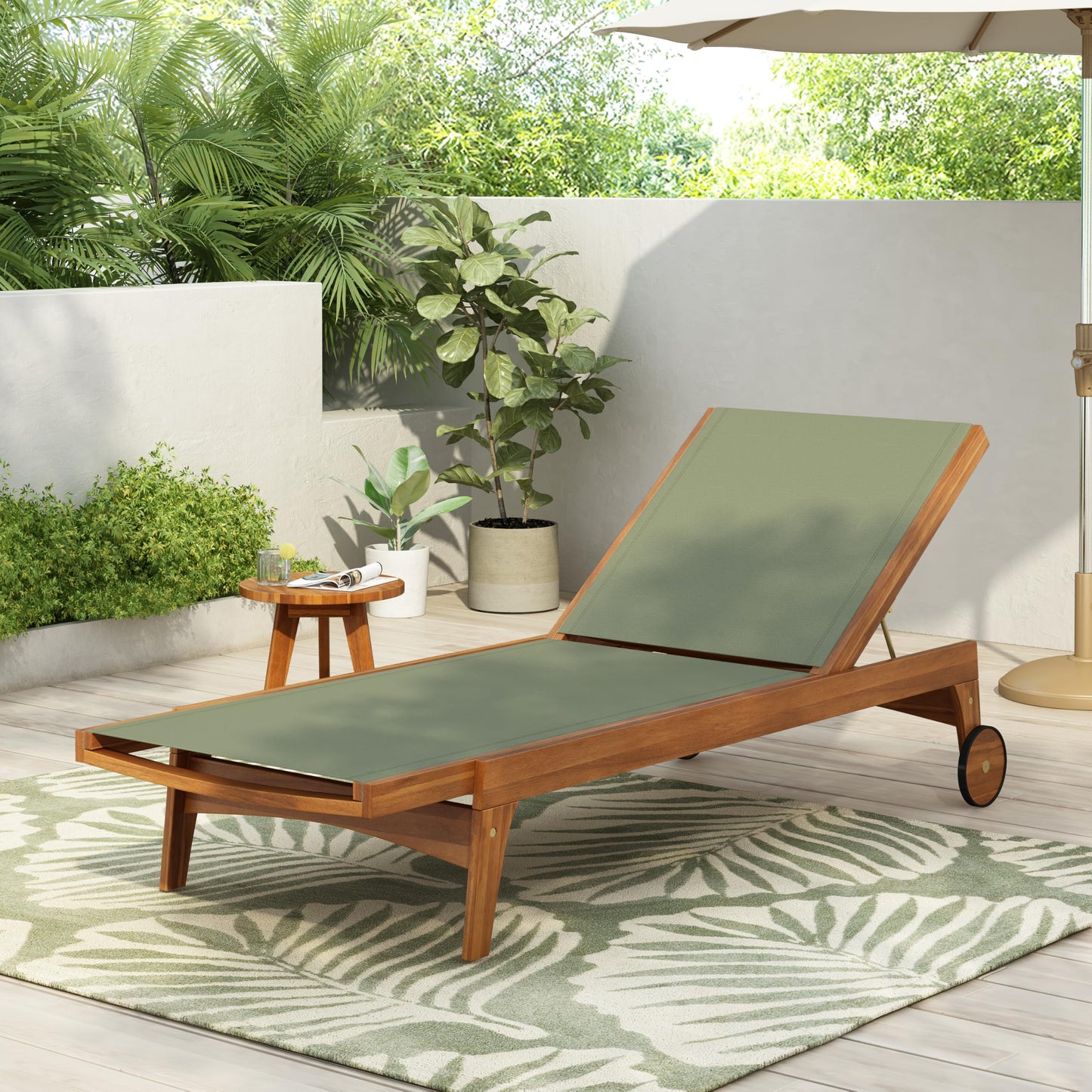 Merax Patio Chaise Lounge Chair, Acacia Wood Frame with Mesh Seat, Adjustable Outdoor Recliner, Weather-Resistant Poolside Lounger Green