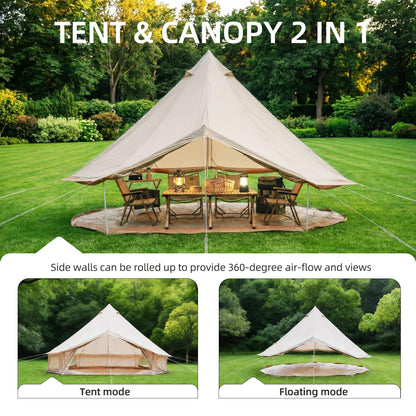 KEIKI 4 Season Canvas Bell Tent 13.1 FT Waterproof All Weather Glamping Yurt Tent, Luxury Hot Tent Stove Jack, Breathable Large Family Camping Teepee for 6 People Outdoor Adventure & Party, Beige