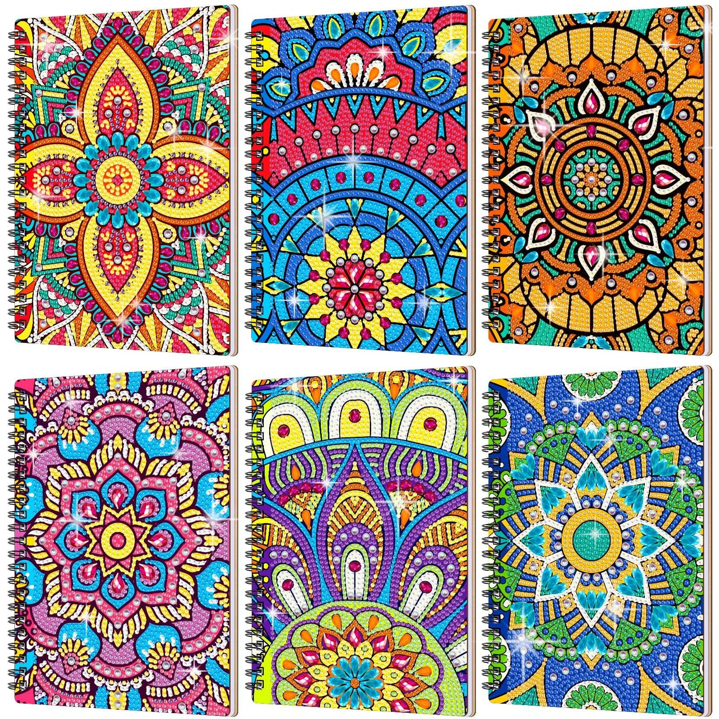 Fullhawl 6 Pack 5D DIY Diamond Art Notebook Kits for Adults Beginner A5 Leather Diamond Painting Gift for Women Art Cover Notepad Sketchbook Journal Crafts Accessories with Tool(Mandala)