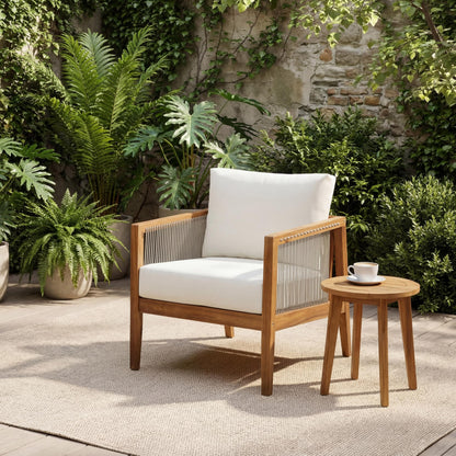 Christopher Knight Home Lalulu Acacia Wood Lounge Chair Outdoor with Removable Cushion, Solid Wood Patio Accent Chair with Woven Rope Accents, Patio Furniture Set Sofa Chair, Beige+Teak