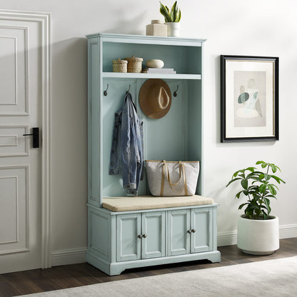 Crosley Furniture Holbrook Hall Tree with Shoe Rack Bench and Coat Hooks for Hanging Storage, Distressed Seafoam Blue