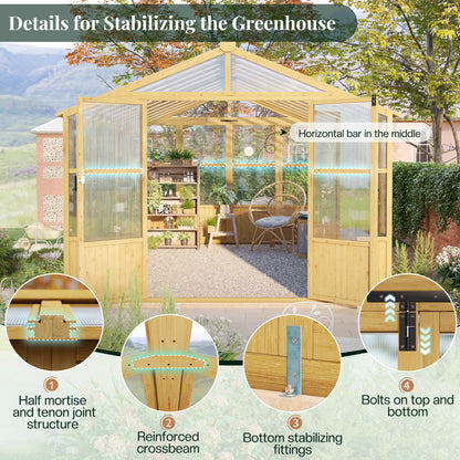 Jocisland 10x10 Ft Wood Greenhouse, Wooden Greenhouse for Outdoors with Lockable Door, Walk-in Cedar Greenhouse with Adjustable 2 Roof Vents, Polycarbonate Greenhouse for Outdoors, Garden, Backyard