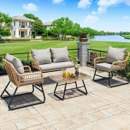 YITAHOME 4 Piece Patio Furniture Set, Outdoor Wicker Furniture Set with Removable Cushion, Rattan Patio Loveseat Set for Garden, Backyard, and Deck,Armchairs, Glass Side Table, Light Gray & Beige