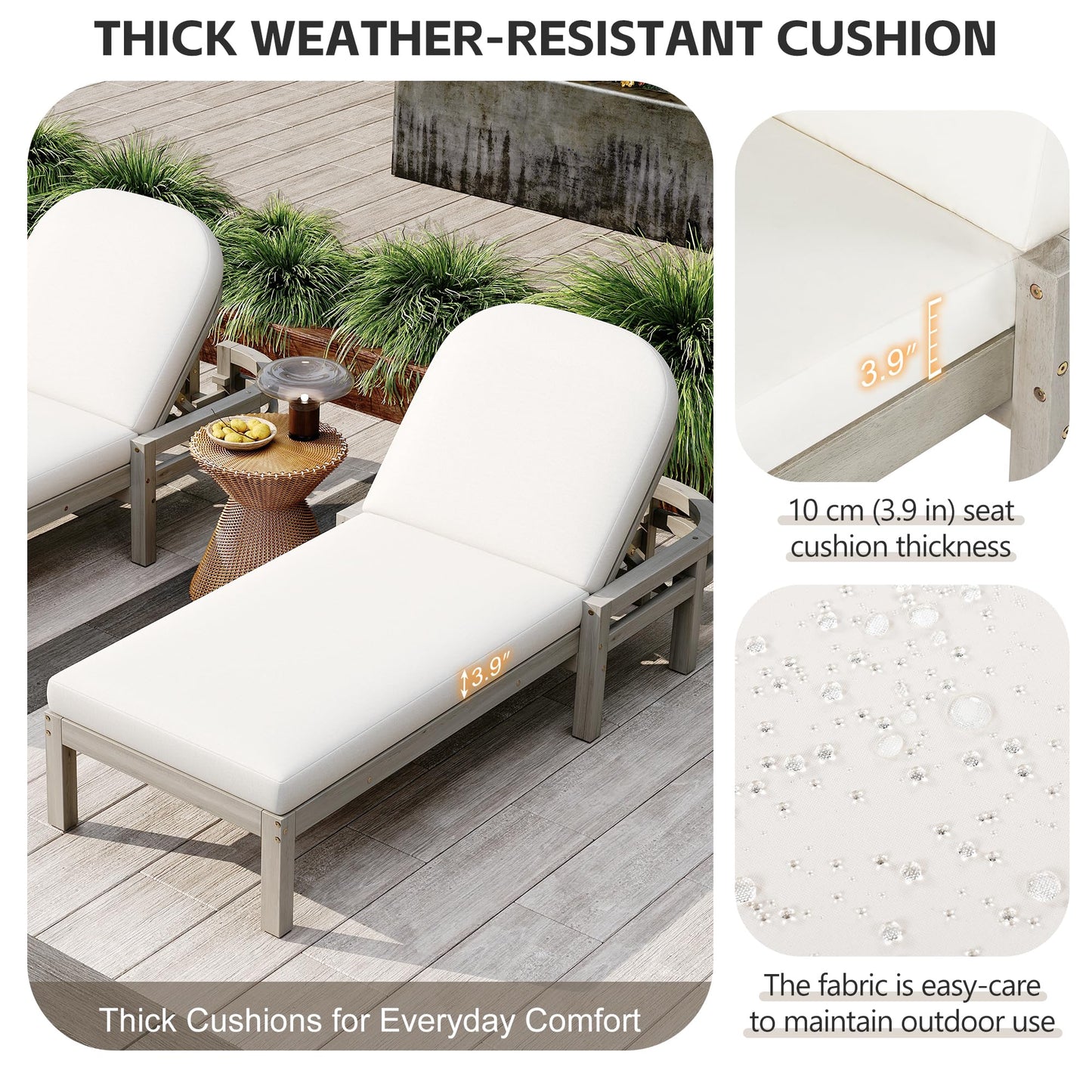 Merax Outdoor Chaise Lounge,Premium Acacia Wood Patio Recliner with Arched Backrest,5-Position Adjustable Backrest,Thick Cushion,Outdoor Lounge Chair for Poolside,Backyard,Deck & Lawn,Gray