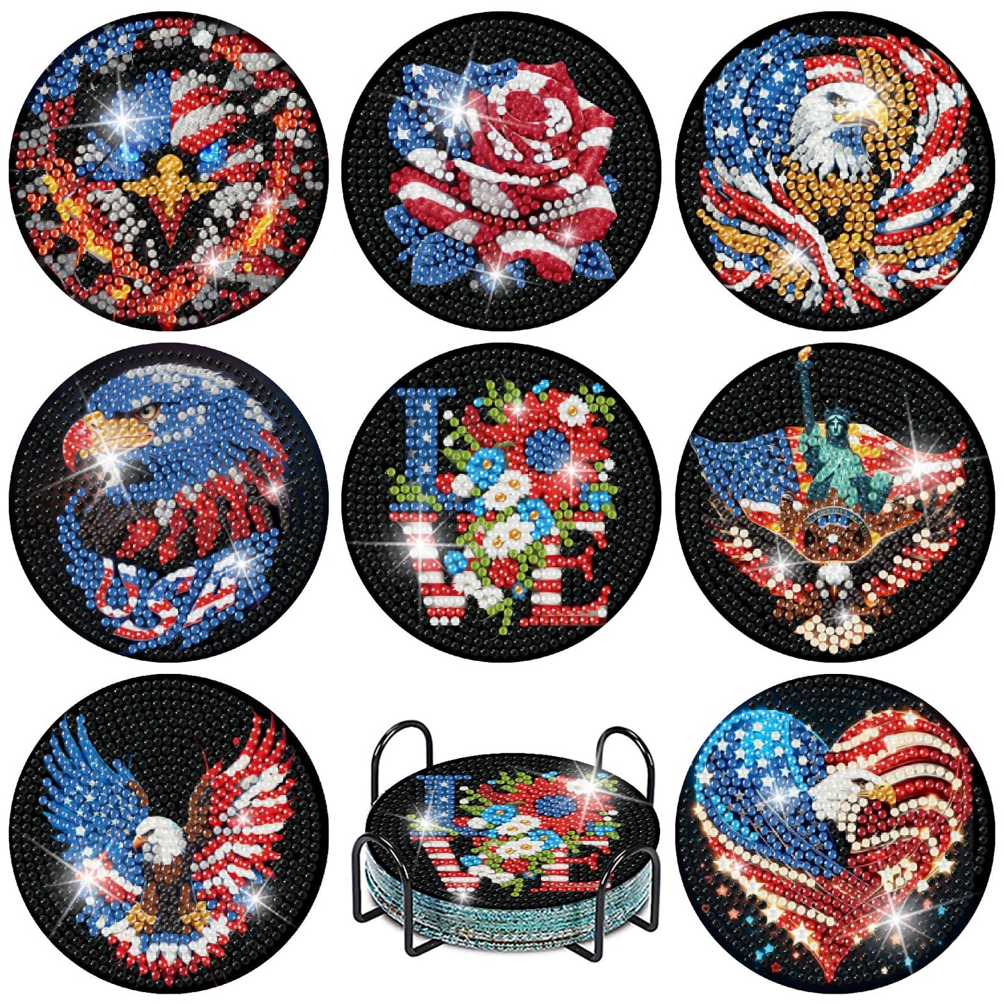 8 Pcs Ameriacn Flag Eagle Diamond Art Coasters Kits for Adults,DIY 4th of July Crystal Diamond Painting Coaster Kits with Holder, Independence Day Coasters Craft Supplies for Decor Gifts