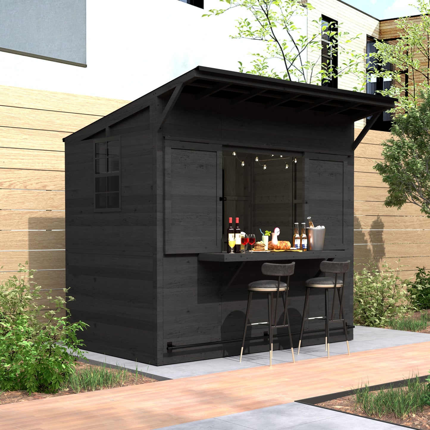 MUPATER 8 x 5 FT Wooden Bar Shed with Metal Roof, Backyard Patio Bar with Slide Front Panels, Outdoor Storage Shed with TV Bracket, Bar Top & Lockable Door, Black