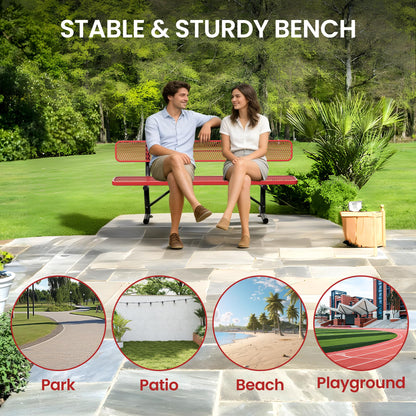 Sunnibety 8 Feet Steel Park Bench for Outside, Outdoor Bench with Backrest & Portable Frame, Commercial Benches for Shopping Malls, Stores, Parks, Patios, Decks, Red