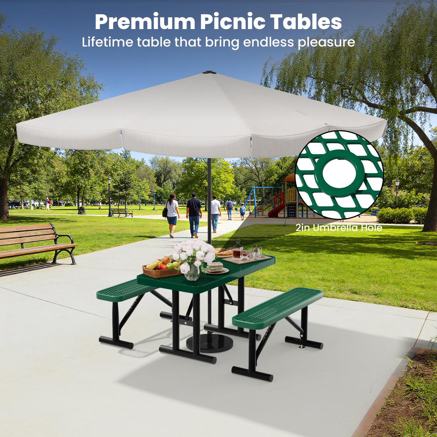Sunnibety 4FT Metal Picnic Tables for Outdoors, Commercial Rectangular Picnic Table for Outside, Park, Campfield, Patio, Garden, Yard, Thermoplastic Coating, Surface Mounted, Green