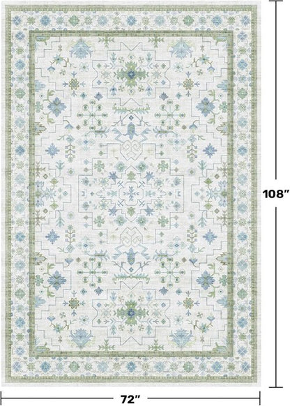 Hazo Haus Cream Oushak 6x9 Area Rug - Boho Floral Design in Cool Blue & Green, Washable Non-Slip Low Pile