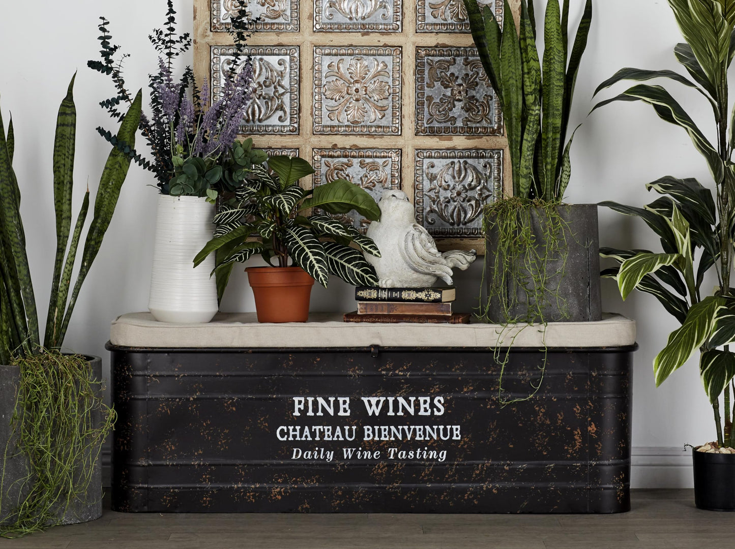 Deco 79 Metal Room Storage Bench Entryway Bench with Cream Burlap Top and Champagne Typography, Bench 48" x 16" x 17", Brown