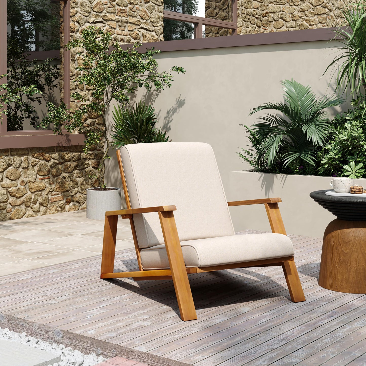 Christopher Knight Home Smeb Lounge Chair Outdoor with Cushions, Acacia Wood Adirondack Chair, Slatted Design Side Chair, Extra Seating for Balcony Backyard Poolside Garden, Teak + Beige