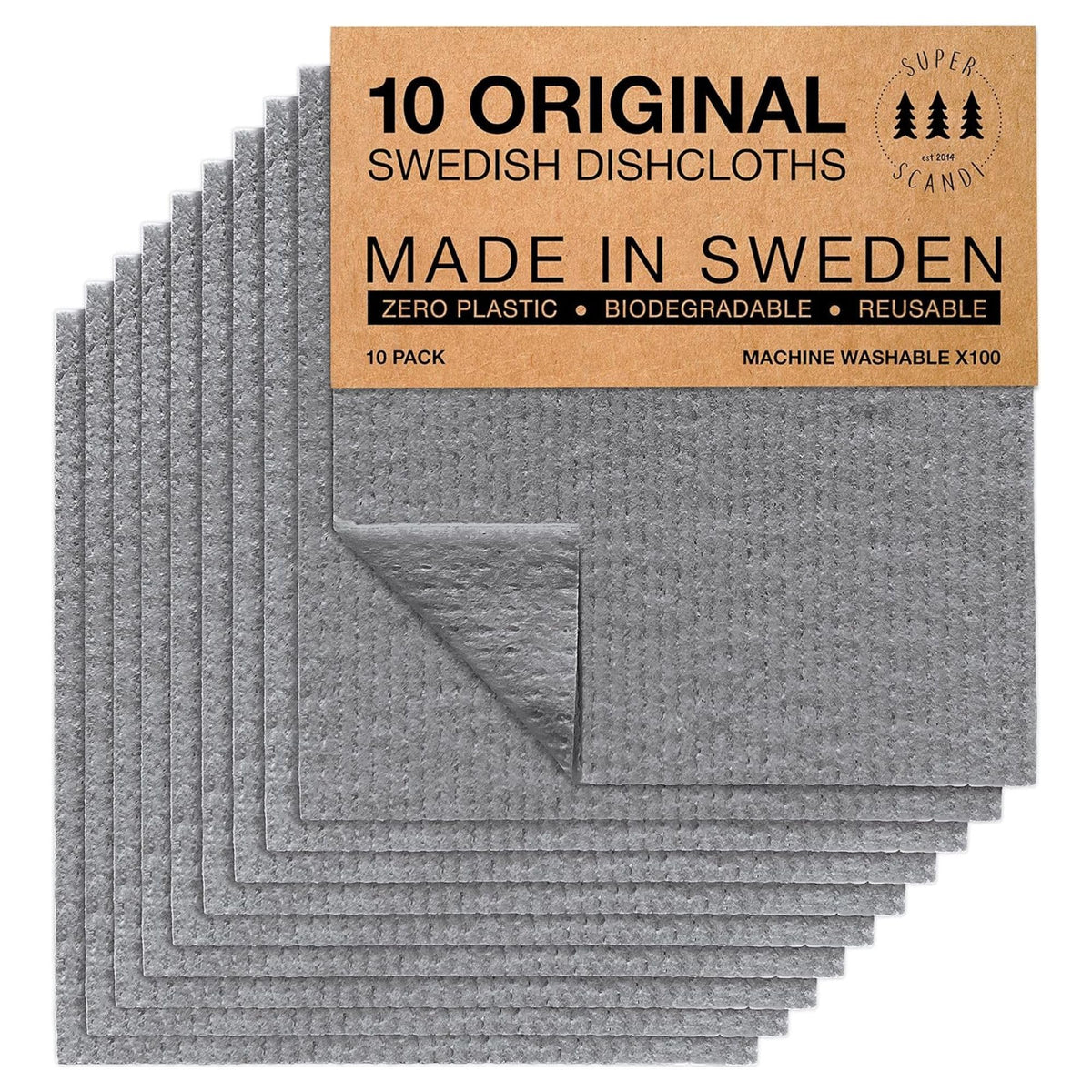 SUPERSCANDI 10 Pack Swedish Dishcloths for Kitchen - 100% Biodegradable & Compostable Reusable Paper Towels Washable, Food-Safe & Without Plastic - Dish Rags Suitable for Any Surface, Grey