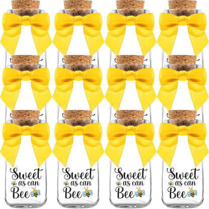 12 Pack Ethisa Vintage Bee Party Favor Glass Bottles with Ribbons and Stickers - Classy Baby Shower and Birthday