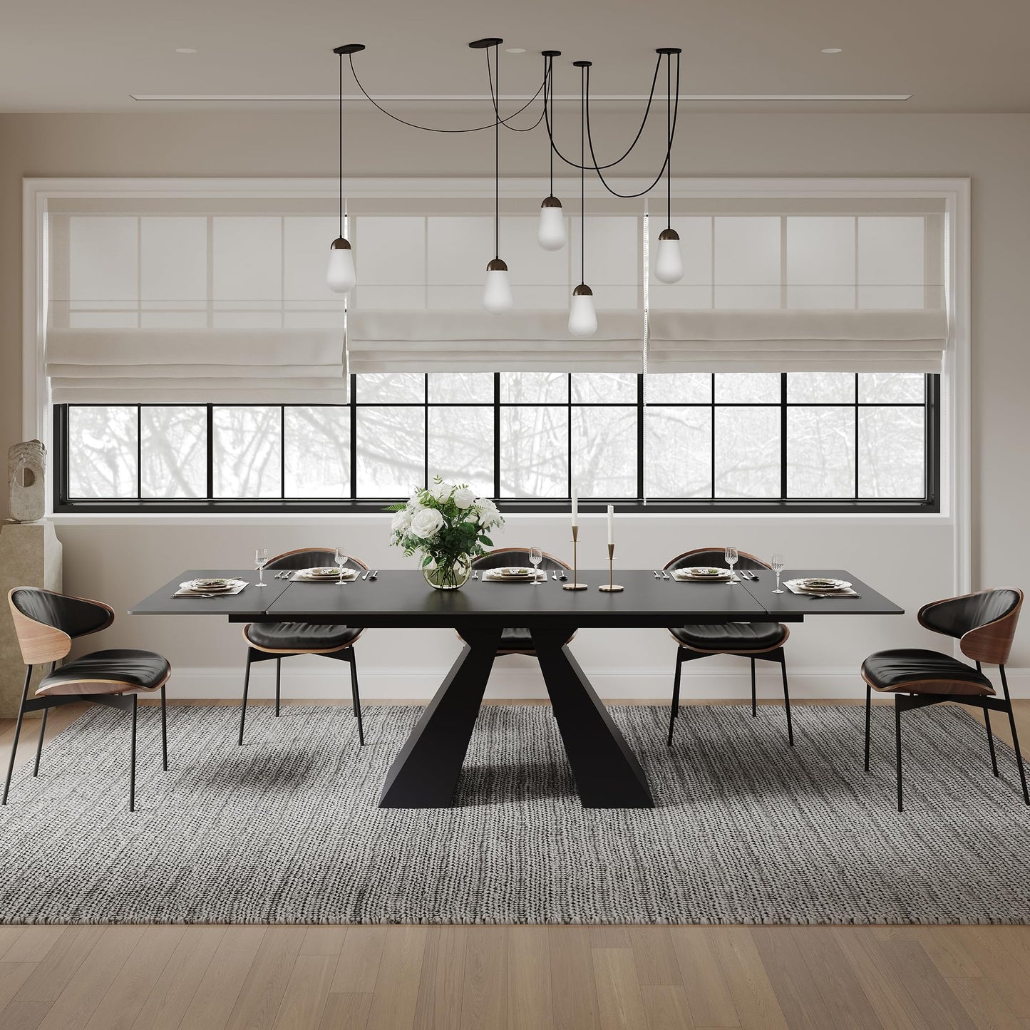 FHKJ Modern Expandable Dining Table- 63" to 94.5" Extendable Dining Room Table, Gray Sintered Stone Top with Black Metal Base - Seats 6-12, Easy Assembly (Table Only)
