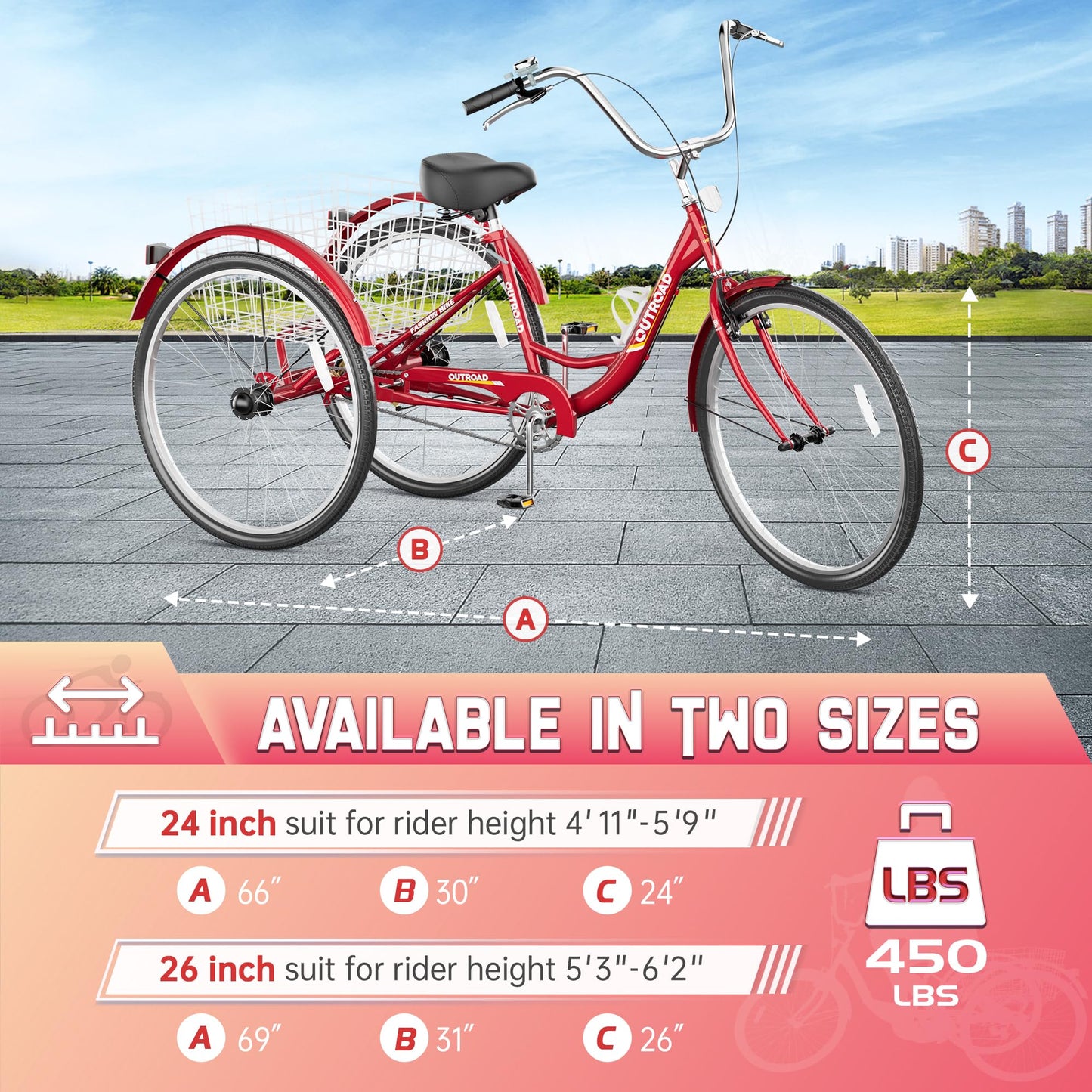 MarKnig 1 Speed Adult Tricycle, 24 Inch 3 Wheel Bikes with Large Basket, Cruiser Bike for Women/Men/Seniors, Adult Trike for Outdoor/Shopping/Recreation/Picnic (Red)