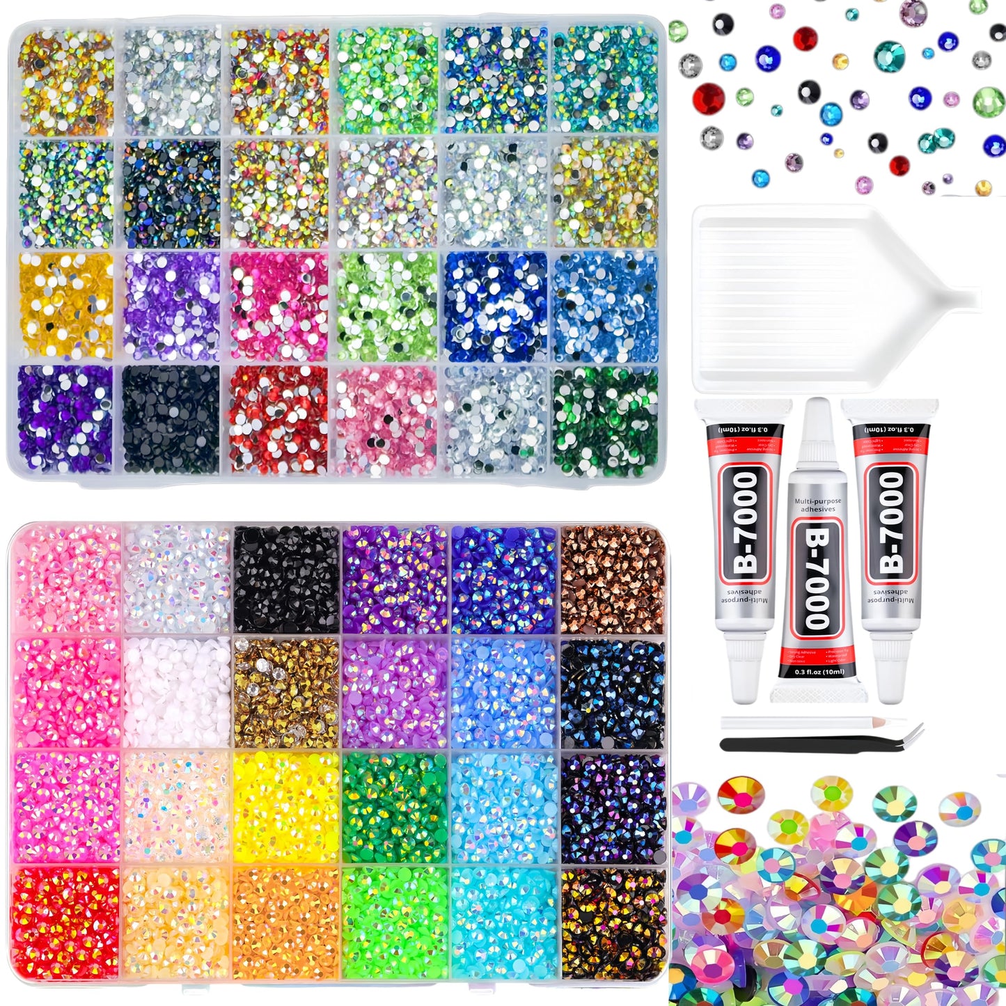 Resin AB Rhinestones 48000Pcs 48 Colors 3mm Flatback Gems Kit for Crafting, Jelly Bedazzler Supplies with B7000 Jewelry Glue Organizer Tray Tweezers Pickup Pen for Diamond Art Nail Art Shoes DIY