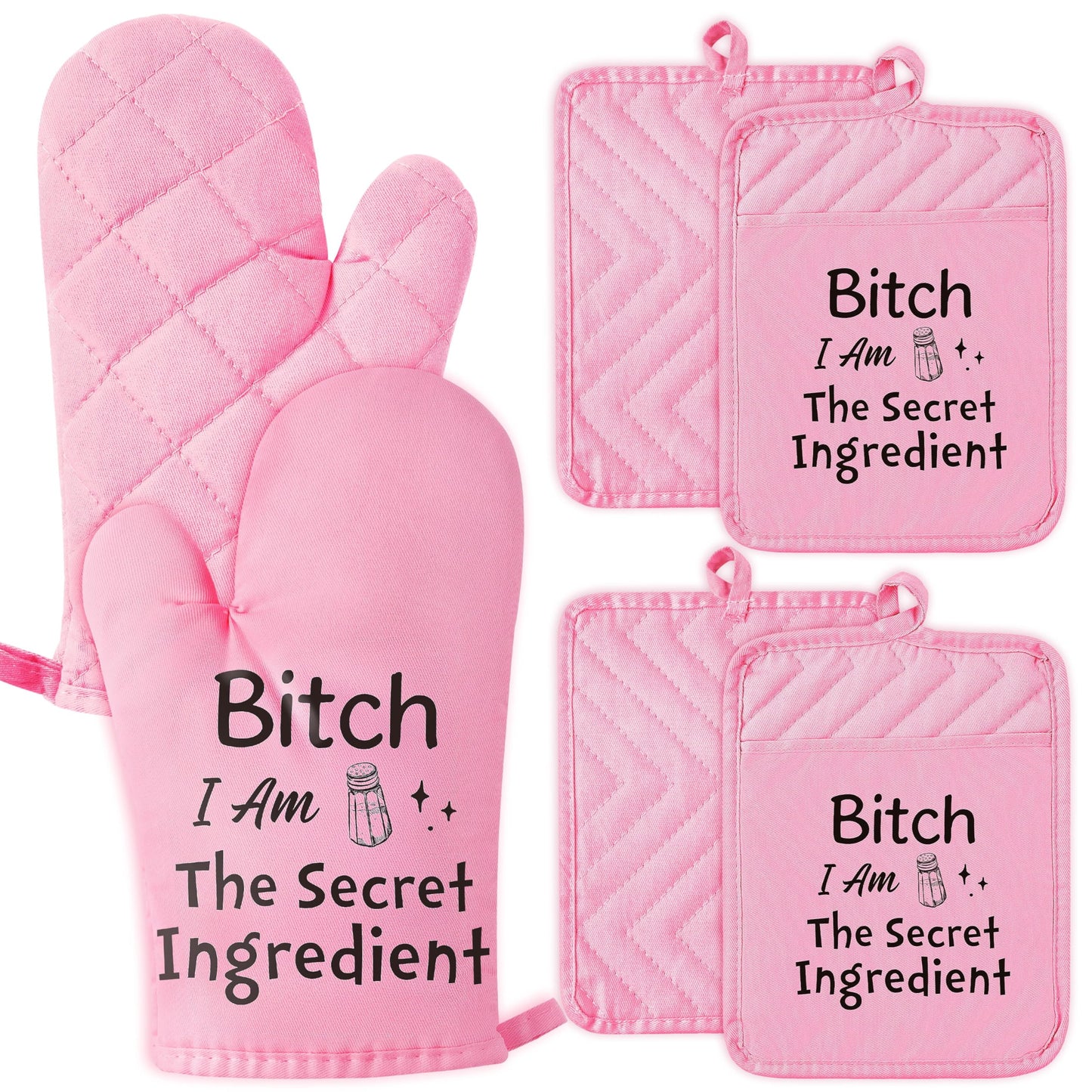 GROBRO7 6Pcs Funny Oven Mitts Pot Holders Baking Gift, I Am The Secret Ingredient Resistant Hot Pad Machine Washable Gloves with Hanging Pocket Potholder for Friend Women Gift for Love Kitchen Cooking