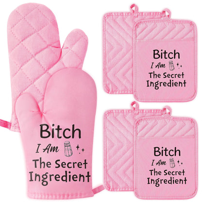 GROBRO7 6Pcs Funny Oven Mitts Pot Holders Baking Gift, I Am The Secret Ingredient Resistant Hot Pad Machine Washable Gloves with Hanging Pocket Potholder for Friend Women Gift for Love Kitchen Cooking