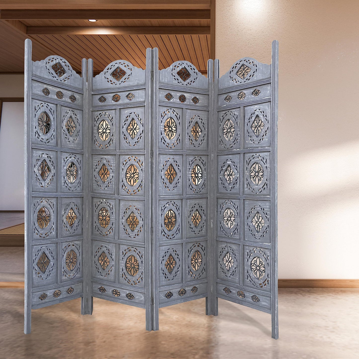 Hand Crafted 4-Panel Wood Divider, Multi-Panel Privacy Screen (Box Floral)
