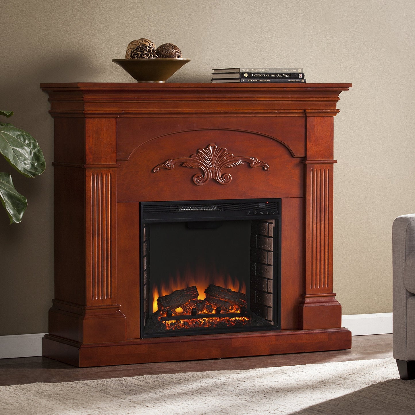 SEI Furniture - Sicilian Harvest Electric Fireplace - Mahogany - Transitional Design, Brown Glass and Wood - Ideal for Living Room, Bedroom (FE9277)