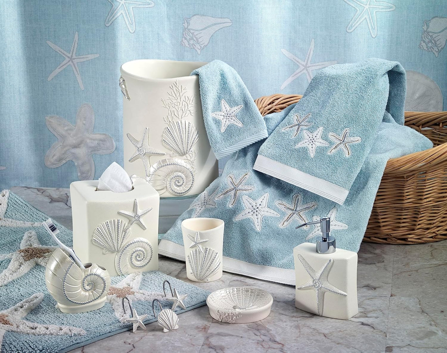 Avanti Linens Tumbler, Countertop Organizer, Seashell Inspired Bathroom Accessories, Guest Bathroom Essentials