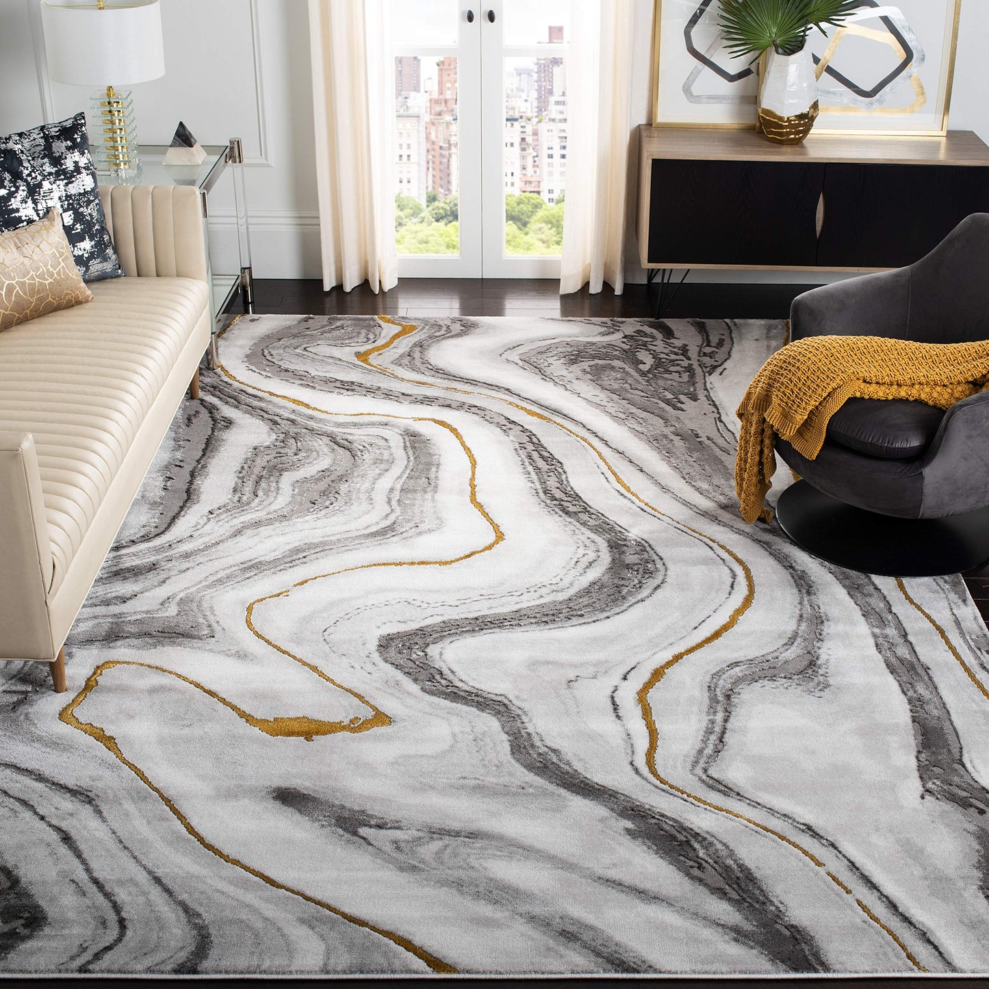 SAFAVIEH Craft Collection Area Rug - 10' Square, Grey & Gold, Modern Abstract Design, Non-Shedding & Easy Care, Ideal for High Traffic Areas in Living Room, Bedroom (CFT819F)