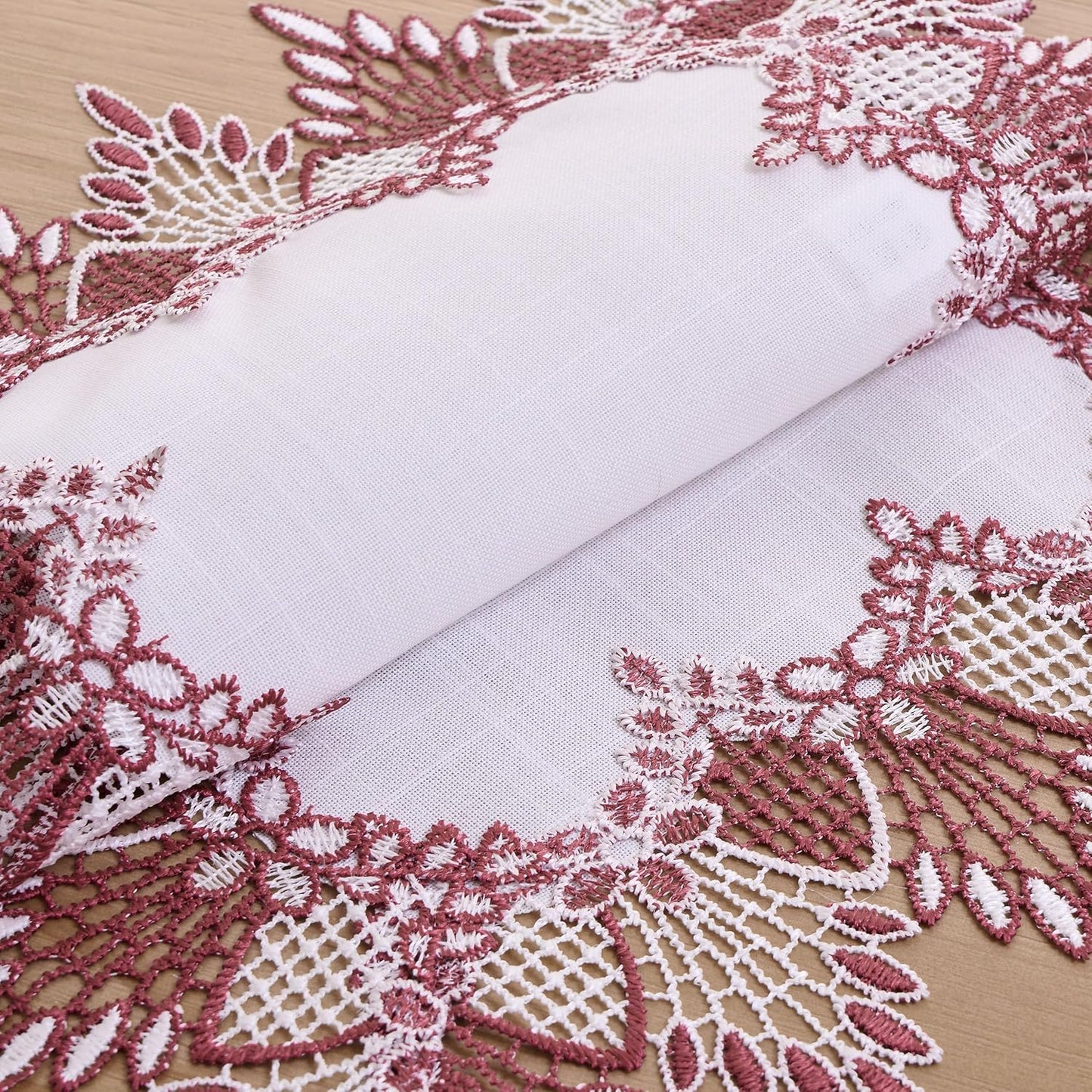 14x20 Set 2 (Set 2, White Dark Red Linen Lace Placemats of Coffee Table Topper Dresser Scarf Place Mats of Dark Red)