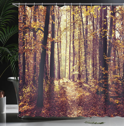 Ambesonne Forest Shower Curtain, Misty Woods Tree Nature Landscape Image, 69" W x 70" L, Pale Yellow