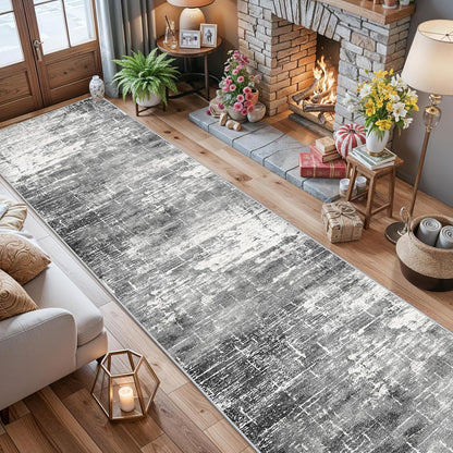 Skiennix Abstract 14ft Long Runner Rug - Non-Slip, Washable, Low-Pile | Soft Black/Grey Indoor Carpet (2'6"x14')