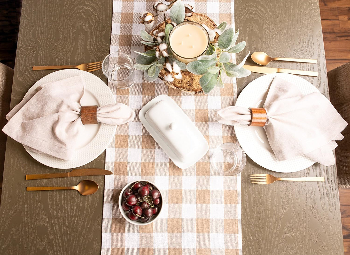 DII - Heavyweight Fringed Check Table Runner, 14x72, Stone Brown
