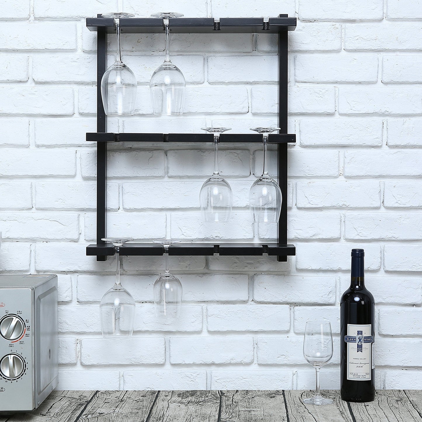 MyGift Wine Glass Rack - Wall-Mounted Black Wood Stemware, 12 Glassware Holder Rack, Wine Glasses Storage Hanger for Bar Kitchen