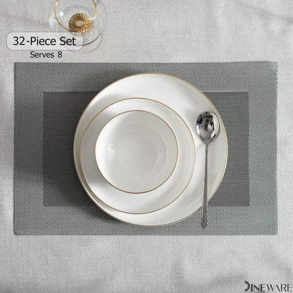 Perlaceo Luxurious Collection of 32-Piece White with Gold Rim Bone China Dinnerware Set - Lightweight and Durable - Service for 8, Including Dinner Plates, Salad Plates, and Cereal or Soup Bowls