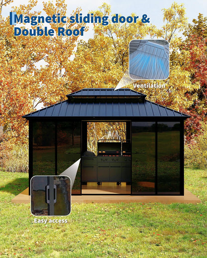 GarveeLife 10x14 ft Sunroom Hardtop Gazebo, Enclosed Gazebo with Floor-to-Ceiling Sliding Doors, All-Aluminum Alloy Frame, Screen Outdoor Room Solarium for Backyard, Patio, and Deck