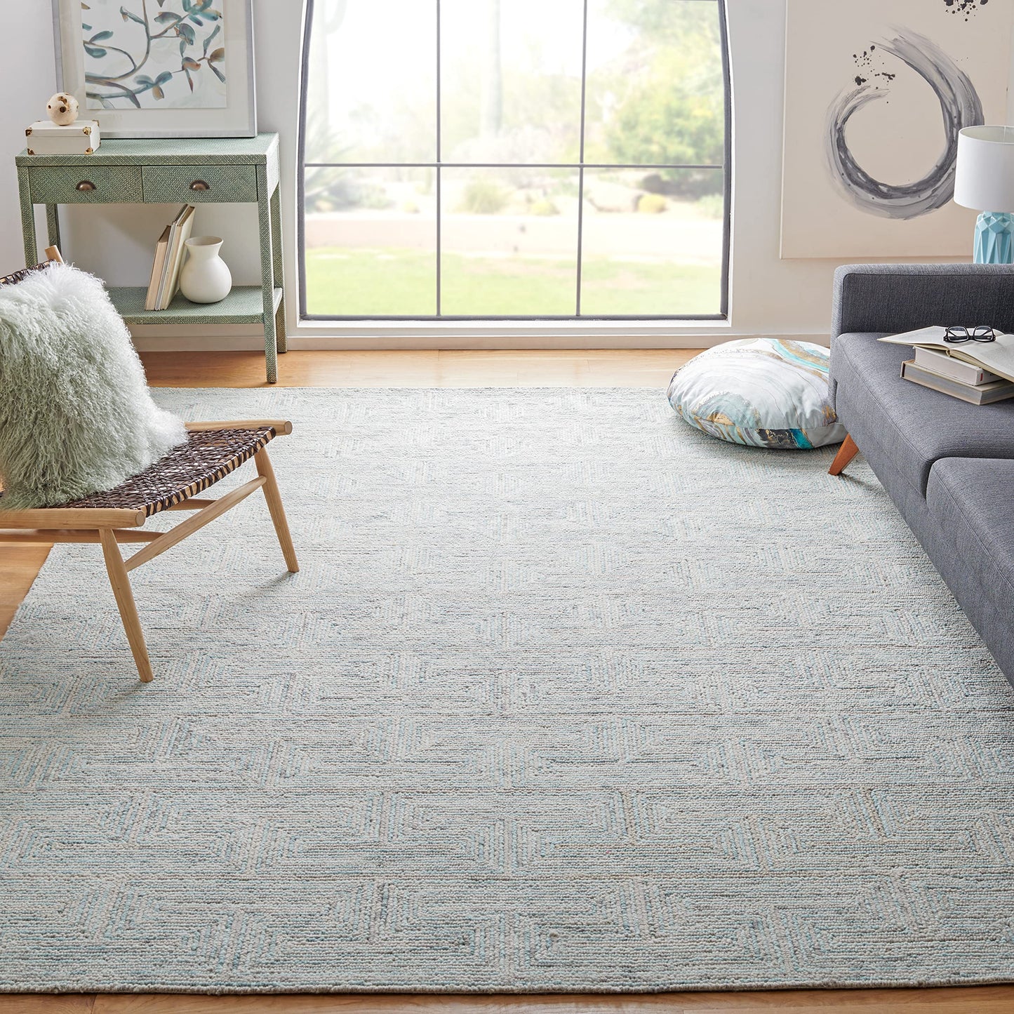 SAFAVIEH Area Rug 8x10 - Ikat Collection - Large - Teal & Grey, Handmade Wool, Ideal for Living Room, Bedroom, Office, Dining Space (IKT101K)